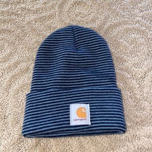 Stripped light blue and navy Carhartt beanie
